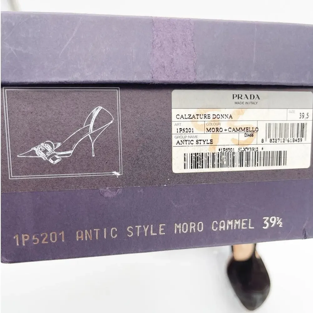 Prada Vintage Dark Brown Camel Nubuck Leather Buckle D'Orsay Pumps Heels IT 39.5